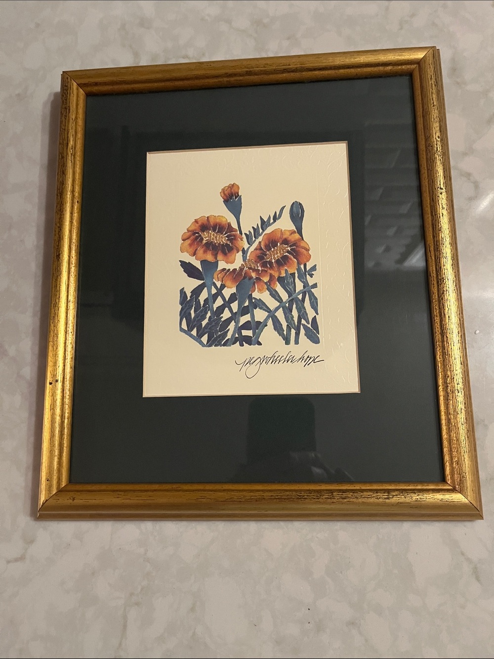Vintage Small Marigold botanical print in Wood Frame 13” x 11”
